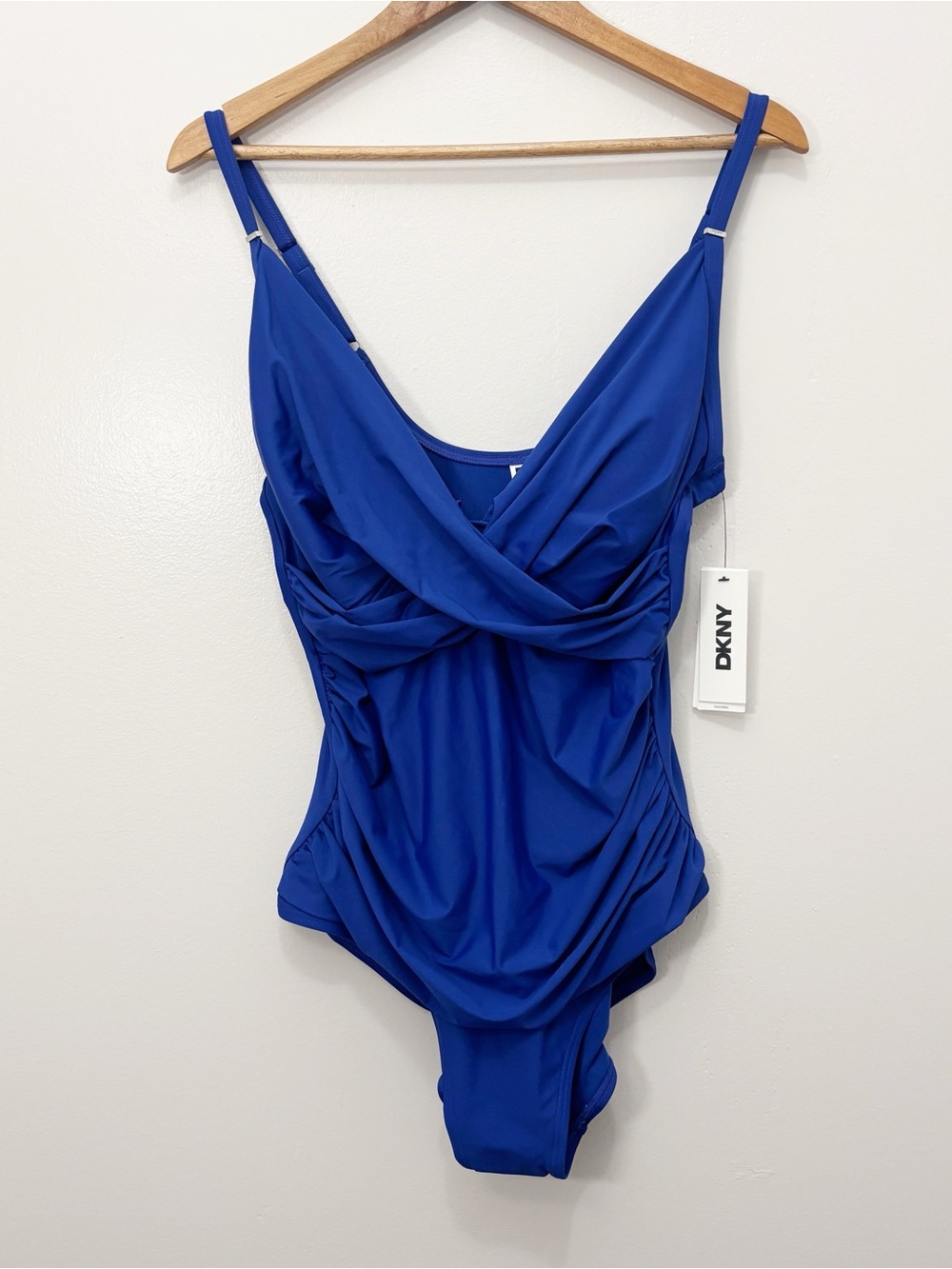 DKNY One-Piece Swimsuit Royal Blue Criss-Cross Ruched Tummy Compression Size XXL
